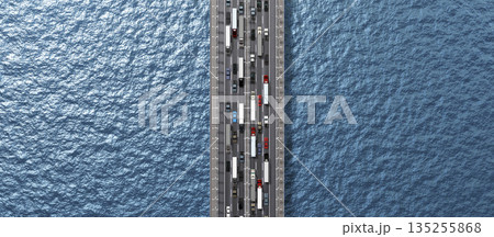 Cars on a bridge with multiple lanes - 3D illustration 135255868
