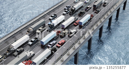 Cars on a bridge with multiple lanes - 3D illustration 135255877