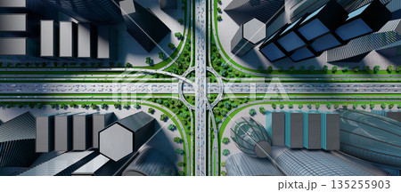 Highway intersection in the city with heavy traffic - 3D illustration Highway intersection in the city with heavy traffic - 3D illustration 135255903