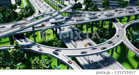 Highway intersection with roundabout and traffic - 3D illustration 135255917