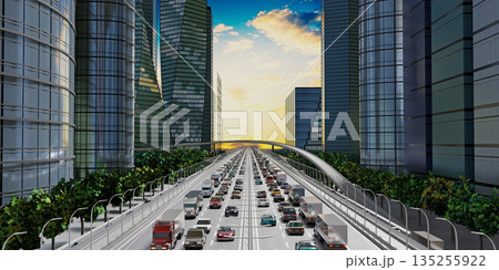 Highway in the city with heavy traffic, skyscrapers - 3D illustration Highway in the city with heavy traffic, skyscrapers - 3D illustration 135255922