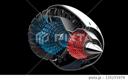 Jet engine inside - on black background - 3D illustration 135255979
