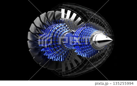 Jet engine inside - on black background - 3D illustration Jet engine inside - on black background - 3D illustration 135255994