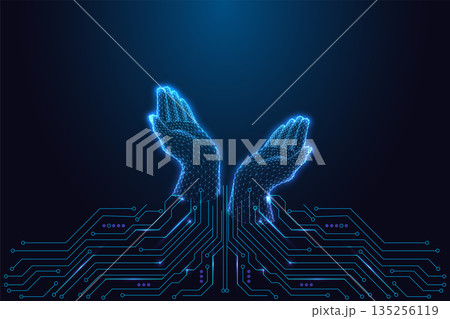 Digital hands made of glowing wireframe emerging from circuit board, artificial intelligence power Digital hands made of glowing wireframe emerging from circuit board, artificial intelligence power 135256119
