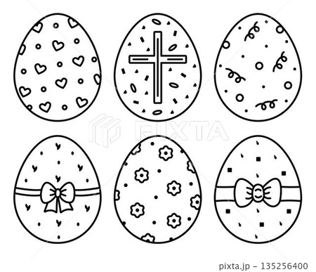 Black line decorated Easter eggs with different patterns, vector icon set. Traditional Eastern European food for the holiday, monochrome outline signs. Creative festive linear pictograms, cliparts Black line decorated Easter eggs with different patterns, vector icon set. Traditional Eastern European food for the holiday, monochrome outline signs. Creative festive linear pictograms, cliparts 135256400