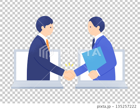 線上商務談判和電子合約簽署。商務人士隔著電腦螢幕握手。 135257222