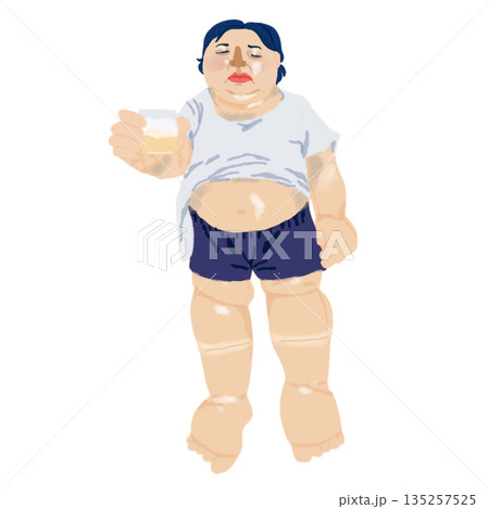 ネフローゼ症候群の症状イラスト｜全身浮腫・眼瞼浮腫・腹水・タンパク尿を示す患者 135257525