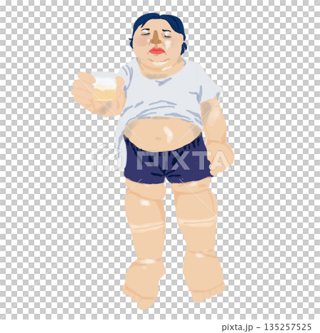 ネフローゼ症候群の症状イラスト｜全身浮腫・眼瞼浮腫・腹水・タンパク尿を示す患者 135257525