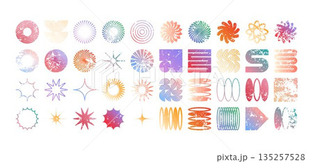 Colorful geometric shapes, modern grunge symbols. Simple primitive elements and forms, distressed details. Retro design, aged, vintage, trendy contemporary minimalist style, y2k. Vector illustration Colorful geometric shapes, modern grunge symbols. Simple primitive elements and forms, distressed details. Retro design, aged, vintage, trendy contemporary minimalist style, y2k. Vector illustration 135257528