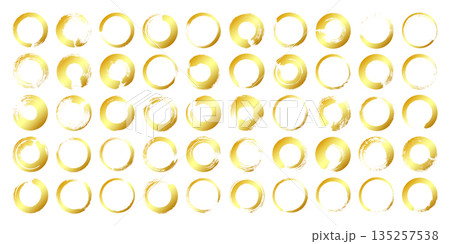 Golden grunge circles, brush strokes, lines, ink smudges, hand-drawn scribble shapes. Handmade sketchy marks, acrylic stains, charcoal streaks. Paint textures, dry brush effect. Vector illustration 135257538