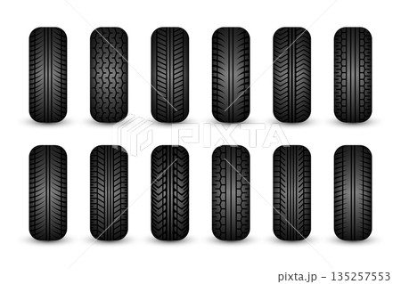 Rubber tires silhouettes. Car, truck, and motorcycle wheels, tread pattern designs. Perfect for automotive, racing, and motorsport themes, repair service and transport industry. Vector illustration 135257553
