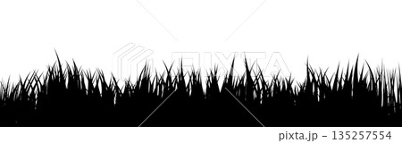 Meadow silhouette with grass, plants on plain. Panoramic summer lawn landscape with herbs, various weeds. Herbal border, frame element. Black horizontal banners. Vector illustration 135257554