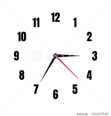 Mechanical clock face with arabic numerals, bezel. Watch dial with minute, hour marks and numbers. Timer or stopwatch element. Blank measuring circle scale with divisions. Vector illustration 135257556