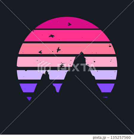 Grunge vintage sunset. Colorful striped sunrise badge in 80s and 90s style. Sun and ocean view, summer vibes, surfing. Design element for print, logo or t-shirt. Vector illustration 135257560