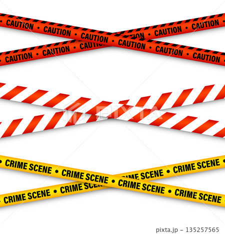 Barricade construction tape. Colorful police warning line, brightly colored danger or hazard stripe, ribbon. Restricted area, zone. Attention symbol. Vector illustration 135257565