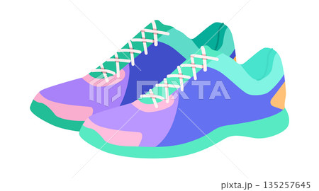 Woman running sneaker shoe flat pair. Comfortable colorful sport footwear for everyday wear, weekend fun youth wardrobe  135257645