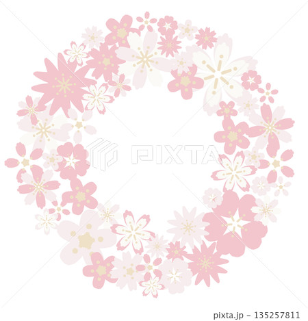 やさしいペーパークラフト風 ピンクと白の花のリース(主線なし・ベクター) やさしいペーパークラフト風 ピンクと白の花のリース(主線なし・ベクター) 135257811