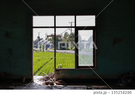 Rustic Window Overlooking Green Field with Natural Light, Depicting Rural Scenery and Abandonment, ideal for travel blogs or real estate articles 135258280