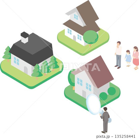 アイソメトリックな住宅探しのイラスト。マイホーム購入を検討する家族と不動産査定のイメージ 135258441