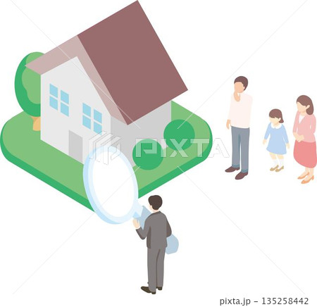 アイソメトリックな住宅探しのイラスト。マイホーム購入を検討する家族と不動産査定のイメージ アイソメトリックな住宅探しのイラスト。マイホーム購入を検討する家族と不動産査定のイメージ 135258442