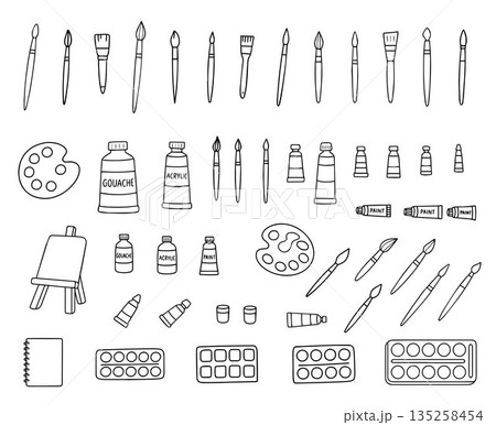 Vector illustration featuring various art supplies including paintbrushes, palettes, and paint tubes. Perfect for artistic designs, educational materials, and creative projects. Vector illustration featuring various art supplies including paintbrushes, palettes, and paint tubes. Perfect for artistic designs, educational materials, and creative projects. 135258454