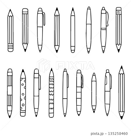 Vector illustration depicting an assortment of black and white outlined pens and pencils. Vector illustration depicting an assortment of black and white outlined pens and pencils. 135258460