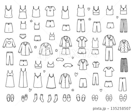 Vector illustration showcasing a collection of diverse sleepwear outfits in minimalistic black and white style. Includes pajamas, nightgowns, slippers, and accessories. 135258507