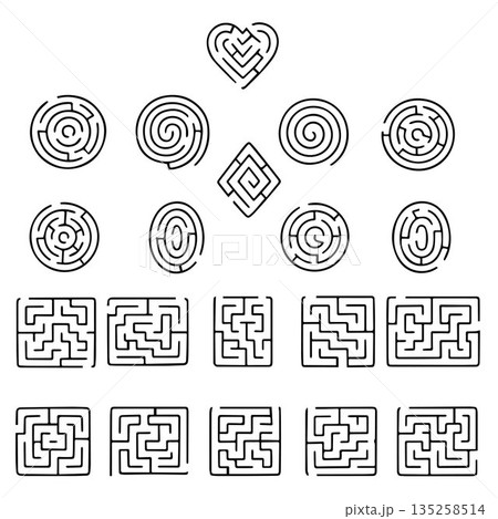 Collection of various maze designs including circular, square, and heart shapes in a vector illustration set. Perfect for puzzle enthusiasts and creative design projects. 135258514