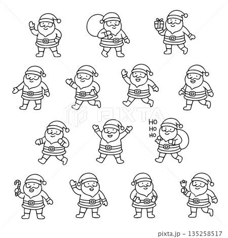 Santa Claus vector illustration displaying a variety of actions and poses. Perfect for holiday-themed projects, this black and white design captures festive spirit with cheerful expressions. Santa Claus vector illustration displaying a variety of actions and poses. Perfect for holiday-themed projects, this black and white design captures festive spirit with cheerful expressions. 135258517