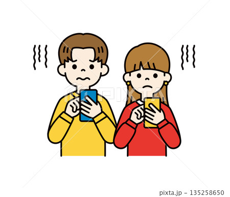 スマートフォンを見て困った表情をする、若い男性と女性のベクターイラスト素材セット_カラー スマートフォンを見て困った表情をする、若い男性と女性のベクターイラスト素材セット_カラー 135258650