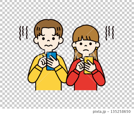 スマートフォンを見て困った表情をする、若い男性と女性のベクターイラスト素材セット_カラー スマートフォンを見て困った表情をする、若い男性と女性のベクターイラスト素材セット_カラー 135258650