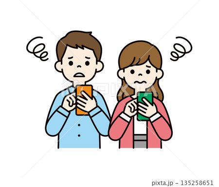 スマートフォンを見て困った顔をする、20代・30代の男女のベクターイラスト素材セット＿カラー 135258651