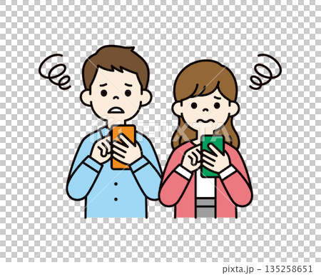 スマートフォンを見て困った顔をする、20代・30代の男女のベクターイラスト素材セット＿カラー 135258651