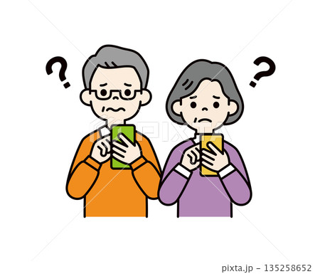 スマートフォンの画面を見て悩む、シニア世代の男性と女性のベクターイラスト素材セット_カラー スマートフォンの画面を見て悩む、シニア世代の男性と女性のベクターイラスト素材セット_カラー 135258652