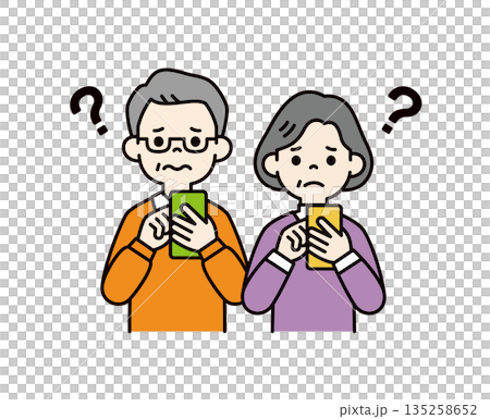 スマートフォンの画面を見て悩む、シニア世代の男性と女性のベクターイラスト素材セット_カラー スマートフォンの画面を見て悩む、シニア世代の男性と女性のベクターイラスト素材セット_カラー 135258652