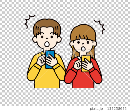 スマートフォンの画面を見て驚く、10代・20代の男性と女性のベクターイラスト素材セット_カラー スマートフォンの画面を見て驚く、10代・20代の男性と女性のベクターイラスト素材セット_カラー 135258653