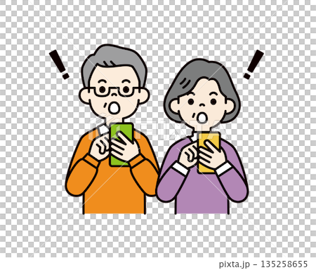 Vector illustration material set of grandfather and grandmother who are surprised at the screen of their smartphone_Color Vector illustration material set of grandfather and grandmother who are surprised at the screen of their smartphone_Color 135258655