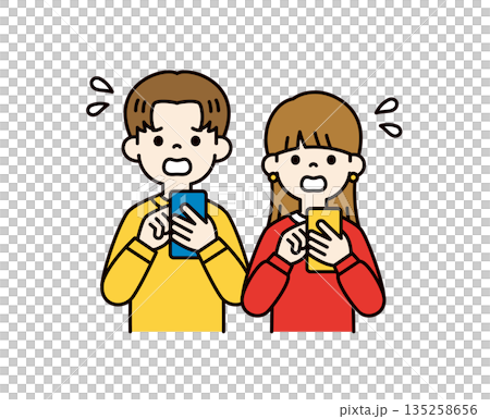 年輕男女、情侶和學生們低頭看著智慧型手機，感到焦慮不安，向量插圖（顏色） 135258656