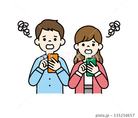 スマートフォンでトラブルが起こる、20代・30代の男性と女性のベクターイラスト素材セット＿カラー 135258657