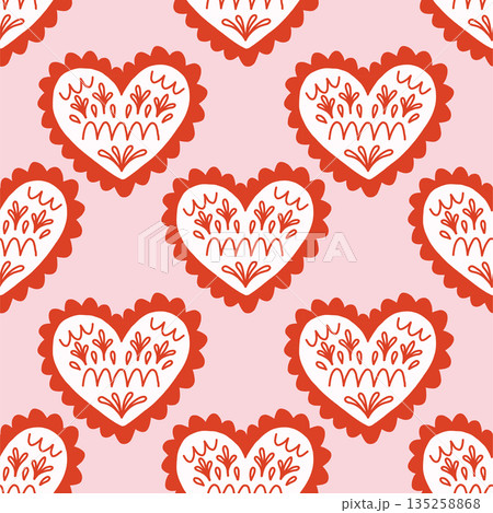 Vector seamless pattern with decorative hearts in a whimsical doodle style. Romantic pink and red design inspired by folk art, perfect for Valentines Day, wrapping paper, textiles, and branding 135258868