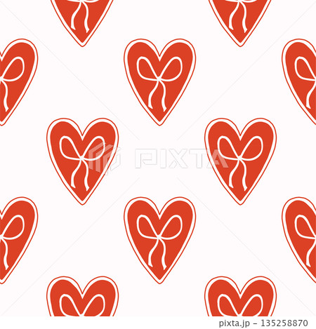 Vector seamless pattern with decorative hearts in a whimsical doodle style. Romantic pink and red design inspired by folk art, perfect for Valentines Day, wrapping paper, textiles, and branding 135258870