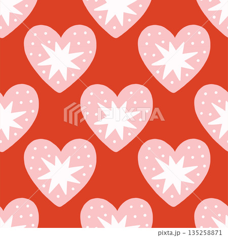 Vector seamless pattern with decorative hearts in a whimsical doodle style. Romantic pink and red design inspired by folk art, perfect for Valentines Day, wrapping paper, textiles, and branding 135258871