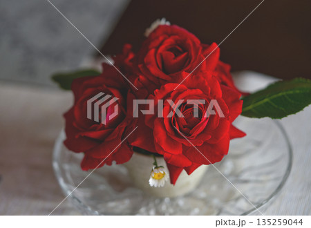 Red roses on table. High angle view. 135259044