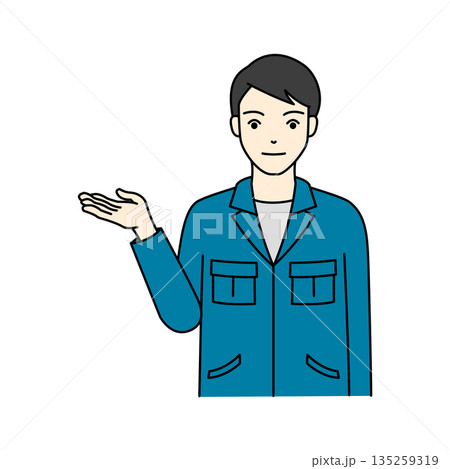作業服を着た男性が爽やかに手の平で案内するポーズ 135259319