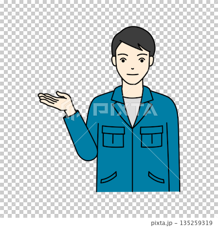 作業服を着た男性が爽やかに手の平で案内するポーズ 135259319