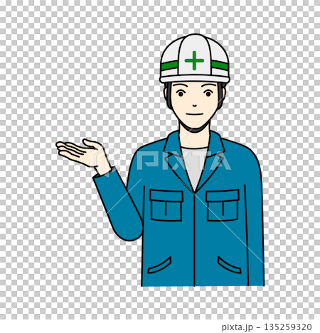 作業服とヘルメット姿で片手を広げて案内・紹介する男性 135259320