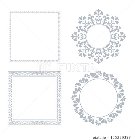 Set of decorative frames Elegant vector element for design in Eastern style, place for text. Floral gray and white borders. Lace illustration for invitations and greeting cards Set of decorative frames Elegant vector element for design in Eastern style, place for text. Floral gray and white borders. Lace illustration for invitations and greeting cards 135259358