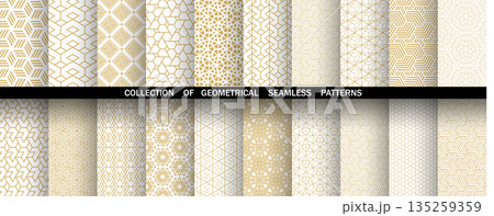 Geometric set of seamless golden and white patterns. Simple vector graphics 135259359