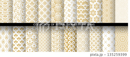 Geometric floral set of seamless patterns. White and golden vector backgrounds. Damask graphic ornaments 135259399