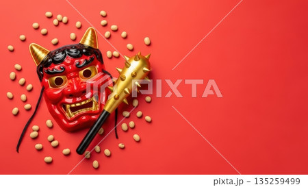 赤い背景に鬼のお面と豆まきを表現した節分の広告用背景素材 135259499